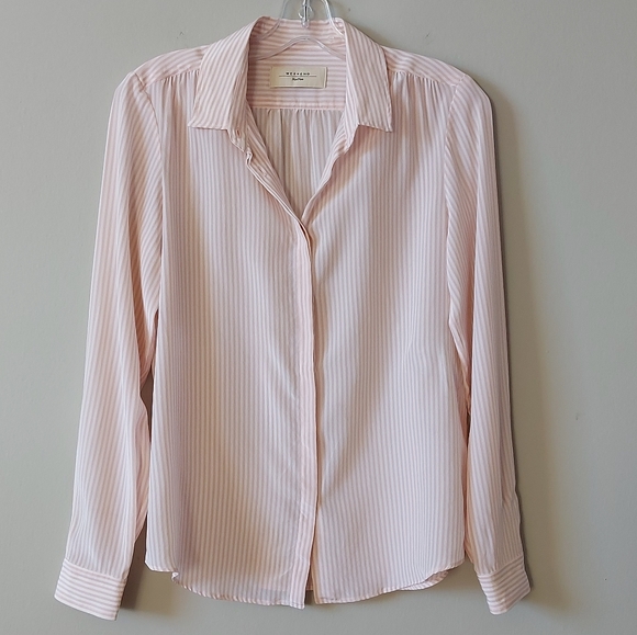 MaxMara Tops - MAXMARA WEEKEND 100% Silk Women's Button Up Pink White Stripe Shirt Size 8